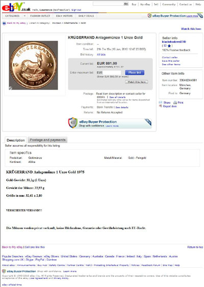 blackshadows8749 eBay Listing Using our 1975 South African One Ounce Krugerrand Reverse Photograph Photograph